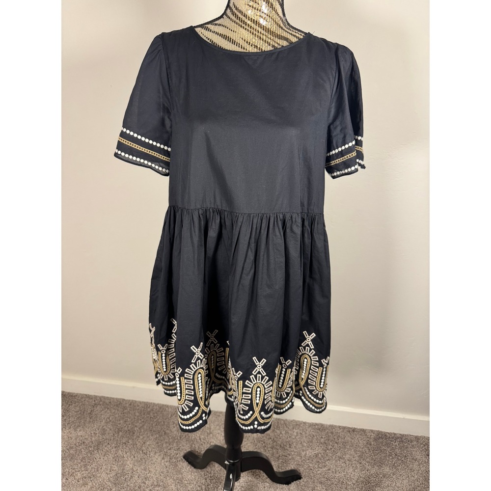 Madewell Black Embroidered Short Sleeve Bohemian Dress Women's Size M